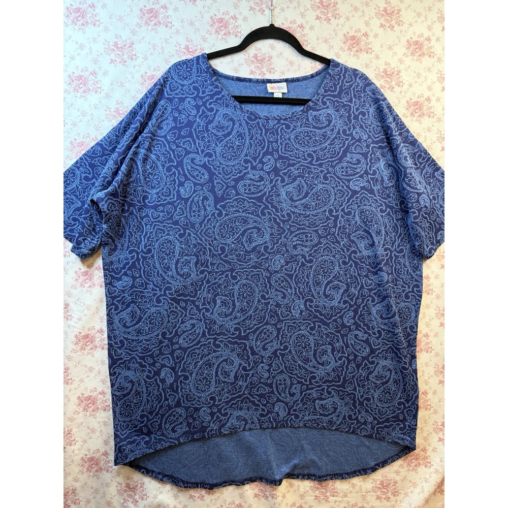 LuLaRoe Irma Tunic Top 2XL Blue Paisley Print Short Sleeve High Low